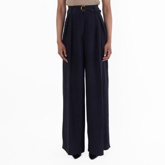 Ferragamo Belted Wide-Leg Silk Trousers, Brand Size 38 ( US Size 4 )