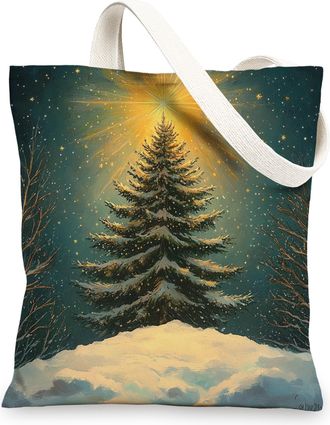 Generic Winter Christmas Pine Tree Canvas Tote Bag for Shopping 13x15, Forest Xmas Snow Reusable Grocery Print Pattern Bag for Women, Holiday New Year Beach A
