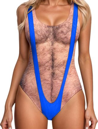 Generic Women Funny Swimsuit Hairy Body Chest Printed Hippie Swimsuits Bathing Suit Swimwear Monokini Funny Novelty Fake Muscles Beachwear Borat Swimsuit