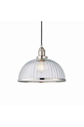 Netlighting Hansen 1 Light Pendant Bright Nickel Ribbed Glass E27 in Clear