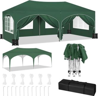 Woltu Woltu Cenador De Jard&iacute;n 3 X 6 M, Impermeable Protecci&oacute;n Uv, Para Bodas, Eventos Y Barbacoas, Verde + Juego De 4 Sacos De Arena