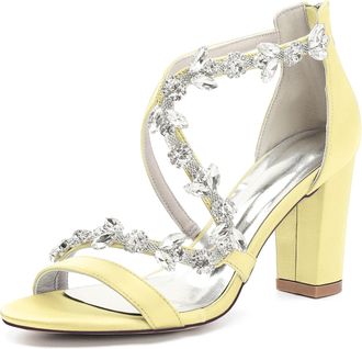 Generic Bridal Heeled Sandals Womens Chunky Block Open Toe Wedding Prom Party Evening Homecoming Dress Shoes 8.5Cm,Yellow,10 UK