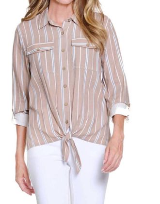 Multiples Striped Tie Front Button-Up Top In Multi