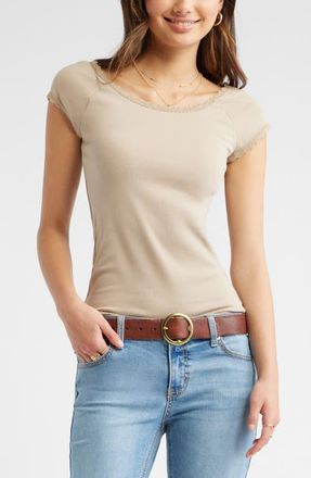BP. Lace Trim Cotton Blend T-Shirt in Tan Savannah at Nordstrom, Size Xx-Small
