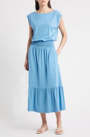 Nation Ltd Evonne Smock Waist Pima Cotton Knit Dress in Seascape at Nordstrom Rack, Size Large