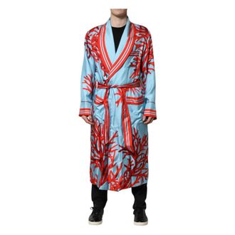 Dolce & Gabbana Blauw Rood Koraalprint Wikkeljas - Heren - Badjassen - Blauw - XL - Nachtkleding