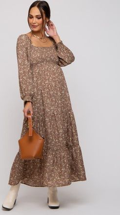 Pinkblush Floral Smocked Long Sleeve Maxi Dress in Mocha at Nordstrom, Size Medium