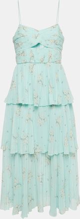 Self Portrait Blue Floral Print Chiffon Tiered Midi Dress