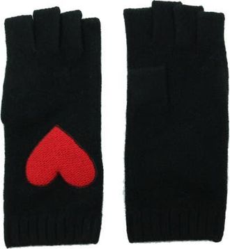 Portolano Cashmere fingerless gloves with heart patch in Black/cherry Red at Nordstrom