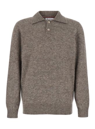 Brunello Cucinelli Taupe Brown Knitted Polo Sweater