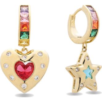Eye Candy Los Angeles Estella Cubic Zirconia Heart & Star Drop Huggie Hoop Earrings in Gold at Nordstrom Rack