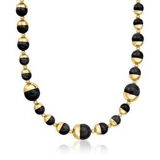 Ross-Simons Italian 14kt Yellow Gold-Plated Necklace With 10-16mm Black Agate Beads