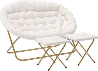 Flash Furniture Double Saucer Chair with 2 Ottomans, Ivory Faux Shearling Fabric/Soft Gold Frame