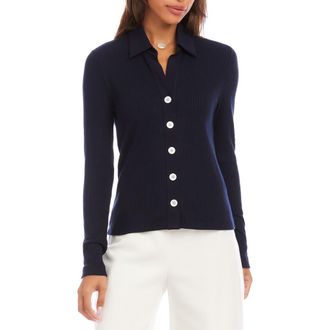 Karen Kane Button-Up Rib Top in Navy at Nordstrom, Size X-Large