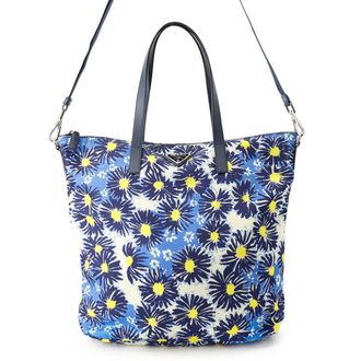 Prada Blue Yellow Nylon Leather Handbag Shoulder Bag Tote Bag (Pre-Owned)