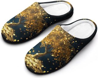 Generic Lucky Golden Coin Tree Womens Slippers Warm House Slippers Indoor House Shoes with Anti-Skid Rubber Sole