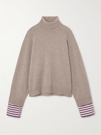 Brunello Cucinelli Pullover A Collo Alto In Cashmere Con Finiture In Popeline E Righe - Neutri