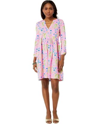 Lilly Pulitzer Loran Dress Womens Pink Floral 100% Cotton Pleated KFC1063