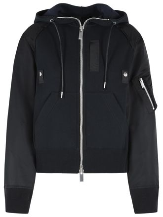 sacai Black Drawstring Hooded Cotton-Blend Zip Sweatshirt
