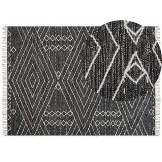 Beliani Alfombra De Algod&oacute;n Negro Blanco Crema 160 X 230 Cm Geom&eacute;trico Borlas Khenifra