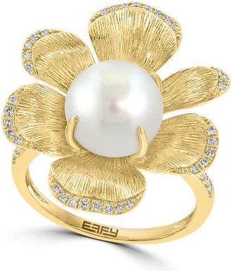 Effy 14K Yellow Gold Diamond Fresh Water Pearl Large Flower Ring in 14K Gold at Nordstrom, Size 7