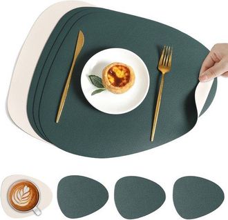 OEM Juego De 4 Piezas De Manteles Individuales Posavasos, Lavables, De Piel, Color Marr&oacute;n Blanco Roto (4 Manteles Individuales 4 Posavasos)