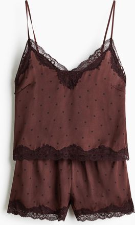 H&M Nachtw&auml;sche aus Satin mit Spitzenbesatz - Rostbraun/Gepunktet