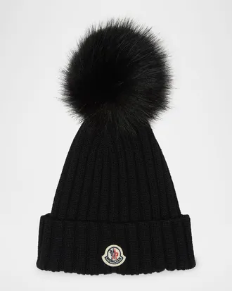 Moncler Wool Beanie with Faux Fur Pom