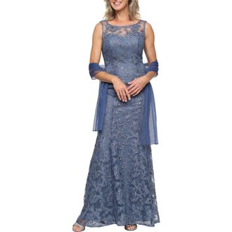 Alex Evenings Sequin Sleeveless Gown with Shawl in Vintage Blue at Nordstrom, Size 10P