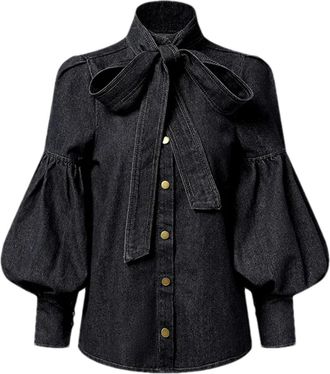 Generic Womens Long Puff Sleeves Splicing Denim Blouse Vintage Bow-Embellished High Neck Shirts Gray9 L