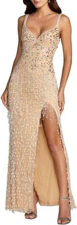 Mac Duggal Thin Strap V-Neck Fringe Beaded Mesh Gown in Silver Nude at Nordstrom, Size 14