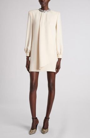 Valentino Garavani Rhinestone Embellished Long Sleeve Silk Cady Minidress in Vanilla at Nordstrom, Size 40