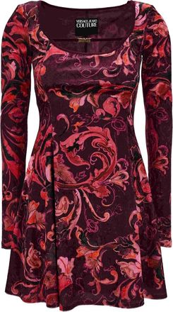 Versace Baroque-Print Long-Sleeve Mini Dress - Dames - Korte kleedjes - Paars - L - Polyester - Kleedjes