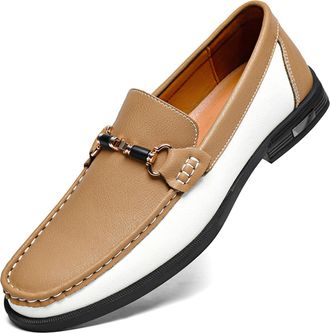 Generic Mens Leather Dress Loafers Classic Slip-on Penny Loafer Moccasins with Metal Buckle Two-Tone Casual Walking Business Driving Shoes (Khaki,11.5)