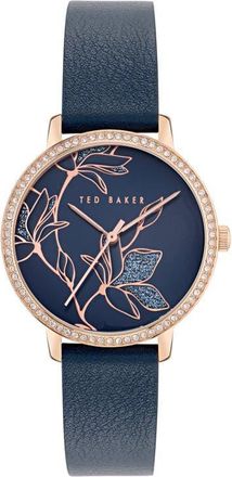 Ted Baker Floral Leather Strap Watch, 36mm in Blue at Nordstrom