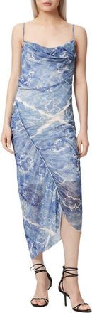 AllSaints Ulla Paisley Print Ruched Asymmetric Hem Midi Dress in Joanne Blue at Nordstrom, Size 12