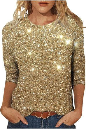 Generic Womens Blouses & Shirts, Sparkly Tops for Women UK 3/4 Sleeve Top Sequin Glitter Graphics Print Tunic Trendy Casual Evening Party Going Out T-Shirt Pu