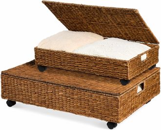 Best Choice Products 2PC Water Hyacinth Nesting Underbed Storage Baskets with Wheels