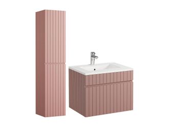 Vente-Unique Mueble de ba&ntilde;o suspendido estriado rosa con lavabo encastrado y columna - 60 cm - SATARA