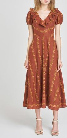 Wayf Fern Floral Linen Blend Midi Dress in Sienna Floral Stripe at Nordstrom, Size X-Large