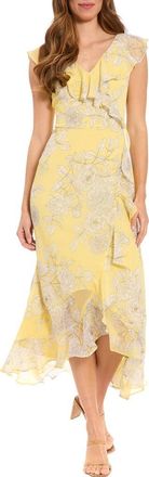 London Times Ruffle Trim High/Low Maxi Dress in Popcorn/White Alyssum at Nordstrom Rack, Size 14P