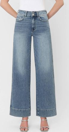 Flying Monkey Super High Rise Half Yoke Trouser Hem Wide Leg Jeans In Medium Blue