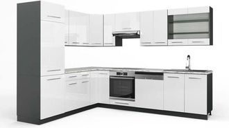 Vicco Cucina angolare completa Fame-Line, Bianco lucido/antracite, 227 x 287 cm, pl Marmo