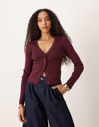 Abercrombie & Fitch Cardigan a coste con finiture in pizzo bordeaux-Rosso
