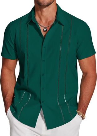 Generic Emboadlie Mens Shirts Mens Cuba Guayabera Exquisite Hollow Embroidered Button Front Shirt Summer Short Sleeve Shirts for Men (Green,L)
