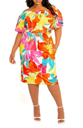 Buxom Couture Floral Print Off the Shoulder Bow Back Dress in White Multi at Nordstrom, Size 1X