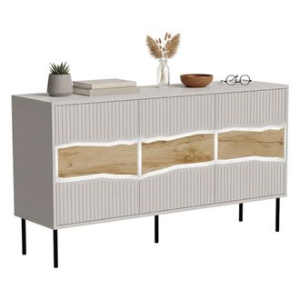 Dmora Aparador Saliceto, Aparador De Sal&oacute;n Con Tres Puertas Batientes Y Compartimentos Interiores, Elevado Del Suelo, 144x40 H80 Cm, Beige Y Nudos De Roble