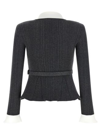 Self Portrait Ribbed with Contrast Cuffs Cardigan - Charcoal