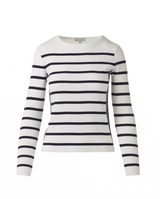 Kinross Cashmere Womens Tipped Rib Stripe Boatneck Pullover In White/navy/anchor
