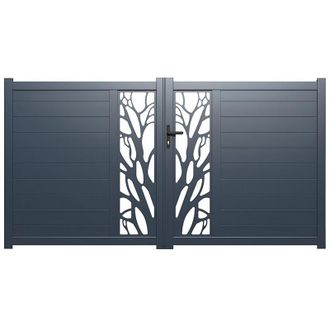 Vente-Unique Cancello elettrico battente in kit L300 x H164 cm Alluminio semi traforato con motivi Antracite - LABRIT II